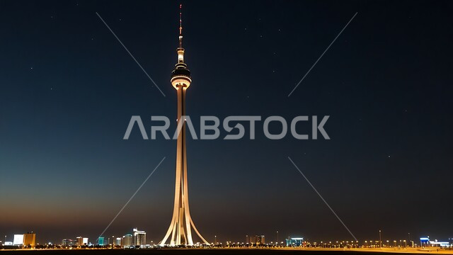 Modern architectural art of the illuminated Liberation Tower at night, towers and skyscrapers in Kuwait City, famous tourist attractions, urban development and progress of commercial and residential buildings and facilities.