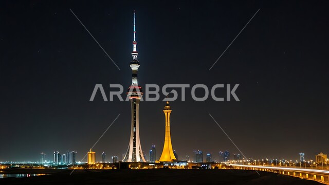 Modern architectural art of the illuminated Liberation Tower at night, towers and skyscrapers in Kuwait City, famous tourist attractions, urban development and progress of commercial and residential buildings and facilities.