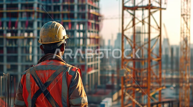 Engineering professions and jobs, the concept of work in the engineering sector, development and growth in the field of engineering in the Kingdom of Saudi Arabia, a picture from the back of a Saudi Arabian Gulf engineer wearing a protective jacket and helmet supervising projects at the work site