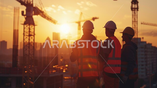 مفهوم التعاون بين الفريق, العمل في القطاع الهندسي, مهن و وظائف هندسية في المملكة العربية السعودية, متابعة سير أعمال البناء, صورة من الخلف لمهندسين عربيين خليجيين سعوديين يرتدون سترة و خوذة الحماية يقومون بالإشراف على المشاريع في موقع العمل