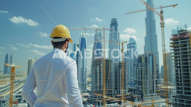 مفهوم العمل في القطاع الهندسي, مهن ووظائف هندسية, التطور و النمو في مجال الهندسة في المملكة العربية السعودية، صورة من الخلف لمهندس عربي خليجي سعودي يرتدي  خوذة الحماية يقوم بالاشراف على المشاريع في موقع العمل