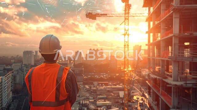Engineering professions and jobs, the concept of work in the engineering sector, development and growth in the field of engineering in the Kingdom of Saudi Arabia, a picture from the back of a Saudi Arabian Gulf engineer wearing a protective jacket and helmet supervising projects at the work site