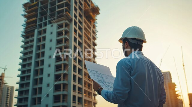 مفهوم الإشراف على المشاريع, العمل في القطاع الهندسي, مهن ووظائف هندسية, التطور و النمو في مجال الهندسة في المملكة العربية السعودية، صورة من الخلف لمهندس عربي خليجي سعودي يرتدي خوذة الحماية يقف في موقع العمل و يحمل بيديه المخططات