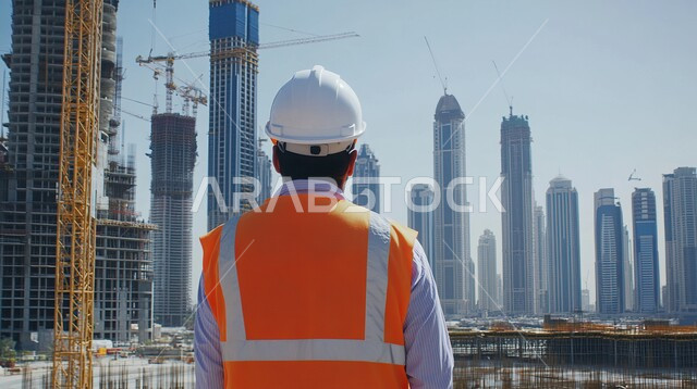 Engineering professions and jobs, the concept of work in the engineering sector, development and growth in the field of engineering in the Kingdom of Saudi Arabia, a picture from the back of a Saudi Arabian Gulf engineer wearing a protective jacket and helmet supervising projects at the work site