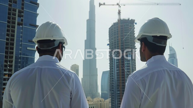 مفهوم العمل في القطاع الهندسي, مهن ووظائف هندسية, التطور و النمو في مجال الهندسة في المملكة العربية السعودية، صورة من الخلف لمهندسان عربيان خليجيان سعوديان يرتديان خوذة الحماية يقومان بالاشراف على المشاريع في موقع العمل