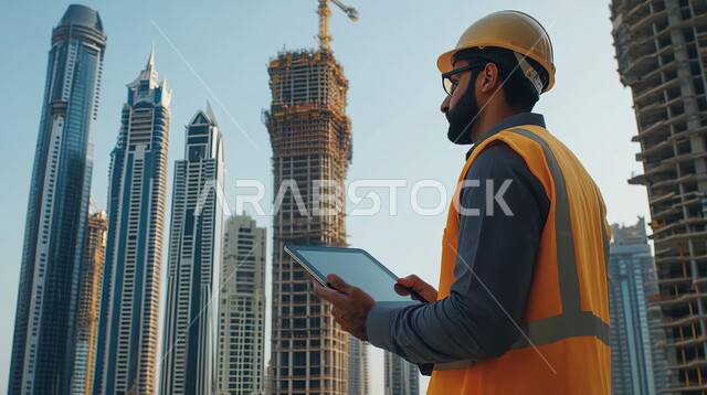 دمج التقنيات الحديثة بالأعمال الهندسية, العمل في القطاع الهندسي, التطور و النمو في مجال الهندسة في المملكة العربية السعودية، صورة من الخلف لمهندس عربي خليجي سعودي يرتدي سترة و خوذة الحماية يقف في موقع العمل و يحمل بيديه الجهاز اللوحي