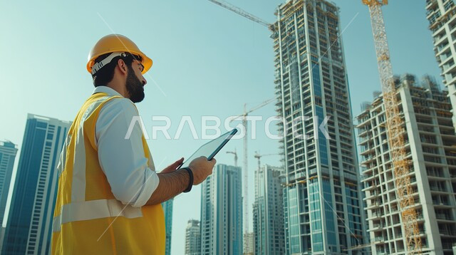 دمج التقنيات الحديثة بالأعمال الهندسية, العمل في القطاع الهندسي, التطور و النمو في مجال الهندسة في المملكة العربية السعودية، صورة من الخلف لمهندس عربي خليجي سعودي يرتدي سترة و خوذة الحماية يقف في موقع العمل و يحمل بيديه الجهاز اللوحي