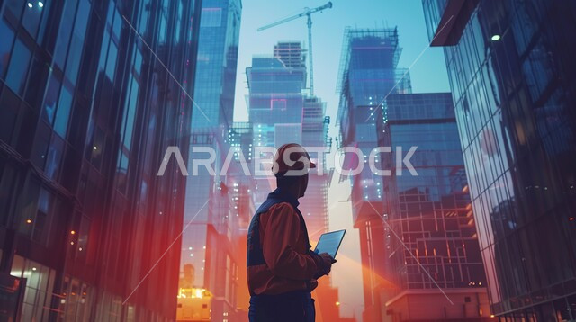دمج التقنيات الحديثة بالأعمال الهندسية, العمل في القطاع الهندسي, التطور و النمو في مجال الهندسة في المملكة العربية السعودية، صورة من الخلف لمهندس عربي خليجي سعودي يرتدي سترة و خوذة الحماية يقف في موقع العمل و يحمل بيديه الجهاز اللوحي