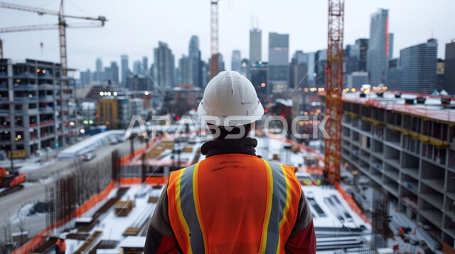 مهن ووظائف هندسية، مفهوم العمل في القطاع الهندسي, التطور و النمو في مجال الهندسة في المملكة العربية السعودية، صورة من الخلف لمهندس عربي خليجي سعودي يرتدي سترة و خوذة الحماية يقوم بالاشراف على المشاريع في موقع العمل