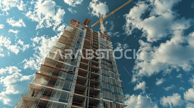 مفهوم الهندسة الإنشائية و المعمارية، تنفيذ مخطط الإعمار وتشكيل الهيكل المعدني, التطور و التقدم العمراني, أعمال البناء وصب الخرسانات و وضع الأساسات، الآلات والمعدات الثقيلة, مبنى قيد الانشاء في المملكة العربية السعودية