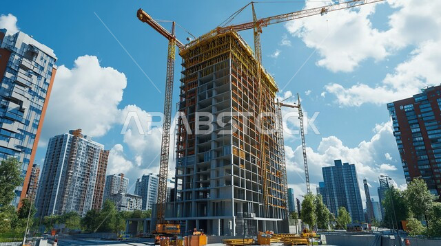 أعمال البناء وصب الخرسانات و وضع الأساسات، الآلات والمعدات الثقيلة, مبنى قيد الانشاء في المملكة العربية السعودية, مفهوم الهندسة الإنشائية و المعمارية، تنفيذ مخطط الإعمار وتشكيل الهيكل المعدني, التطور و التقدم العمراني