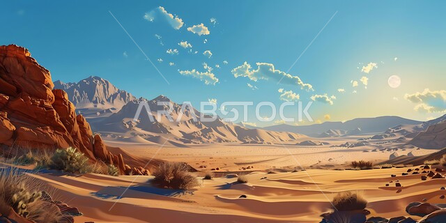 السماء المليئة بالغيوم فوق التلال والكثبان الرملية، نمو النباتات الشوكية في المناخ الصحراوي الجاف والقاسي، المرتفعات الصخرية والقمم في المناطق الصحراوية في المملكة العربية السعودية، الرمال الذهبية الناعمة، المناظر الطبيعية في الصحاري والبراري