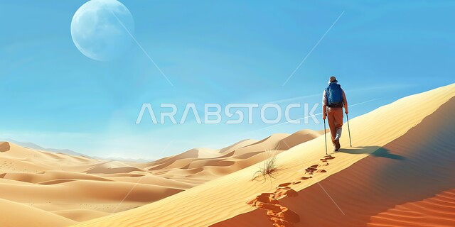 Enjoying the calm natural scenery during the day, a back view of a tourist walking over the sand dunes in the Arabian Desert, desert areas in Saudi Arabia, terrain and soft golden sand in tourist places