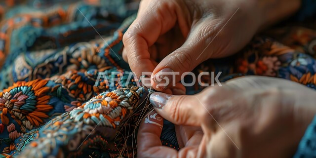 فن ومهارة الخياطة والغزل, أعمال تقليدية شعبية, مشغولات وصناعات يدوية, صورة مقربة ليد إمرأة عربية خليجية سعودية تقوم بالرسم والزخرفة على الأقمشة, استخدام الخيوط الملونة والأدوات الخاصة بالتطريز, الفخر والتباهي بالحرف والتراث الخليجي السعودي
