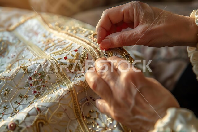 الفخر والتباهي بالحرف والتراث الخليجي السعودي، أعمال تقليدية شعبية, فن ومهارة الخياطة والغزل, مشغولات وصناعات يدوية, صورة مقربة ليد إمرأة عربية خليجية سعودية تقوم بالرسم والزخرفة على الأقمشة, استخدام الخيوط الملونة والأدوات الخاصة بالتطريز