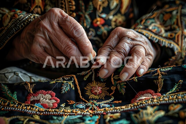 أعمال تقليدية شعبية, فن ومهارة الخياطة والغزل, مشغولات وصناعات يدوية, صورة مقربة ليد إمرأة عربية خليجية سعودية تقوم بالرسم والزخرفة على الأقمشة, استخدام الخيوط الملونة والأدوات الخاصة بالتطريز, الفخر والتباهي بالحرف والتراث الخليجي السعودي