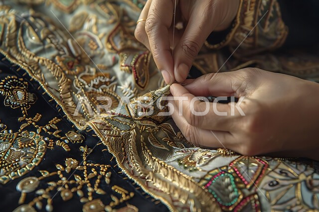 Traditional folk works, handicrafts and industries, the art and skill of sewing and spinning, a close-up of the hand of a Saudi Arabian Gulf woman drawing and decorating on fabrics, using colored threads and embroidery tools, pride and boasting of the Saudi Gulf crafts and heritage