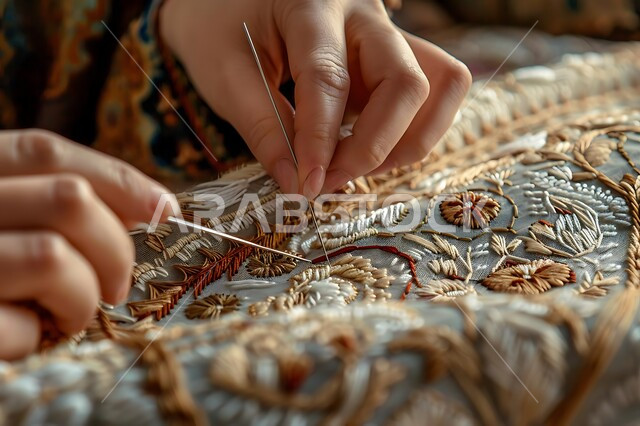 مشغولات وصناعات يدوية, أعمال تقليدية شعبية, فن ومهارة الخياطة والغزل, صورة مقربة ليد إمرأة عربية خليجية سعودية تقوم بالرسم والزخرفة على الأقمشة, استخدام الخيوط الملونة والأدوات الخاصة بالتطريز, الفخر والتباهي بالحرف والتراث الخليجي السعودي