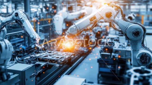 Digital transformation and technological progress, improving production using smart machines and equipment in electronics industries, development of technology and modern technology, Saudi Vision 2030, close-up image of smart robot arms dealing with electronic parts in factories