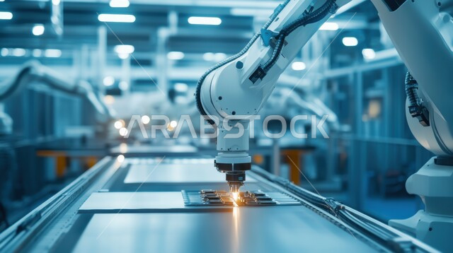 Digital transformation and technological progress, improving production using smart machines and equipment in electronics industries, development of technology and modern technology, Saudi Vision 2030, close-up image of smart robot arms dealing with electronic parts in factories