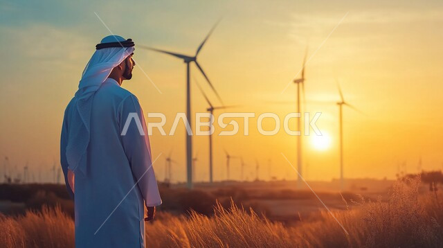الطاقة الخضراء و طواحين الهواء والطاقات المتجددة, صورة من الخلف لمهندس كهربائي عربي خليجي سعودي يرتدي الزي السعودي التقليدي, الإشراف على المشاريع, التنمية المستدامة بالطاقة البديلة في المملكة العربية السعودية، حقول توربينات الرياح وسط الرمال الذهبية في المناطق الصحرواية في وقت غروب الشمس
