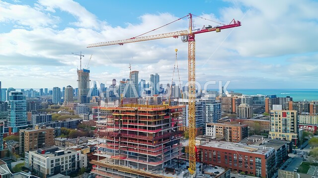 التطور والتقدم العمراني السعودي, تحسين وتطوير البنية التحتية في المملكة العربية السعودية, مفهوم الهندسة الإنشائية والمعمارية, تنفيذ مخطط الإعمار وتشكيل الهيكل المعدني, رافعة بناء وصب الخرسانات فوق مبنى حديث قيد الانشاء