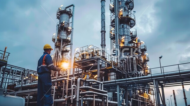 استخدام التقنيات والتكنولوجيا الحديثة في إنتاجية الغاز في المملكة العربية السعودية, جودة معامل ومعدات إنتاج النفط, صورة مقربه  من الخلف لرجل عربي  خليجي يرتدي الخوذة و سترة الحماية يحمل بيده الجهاز اللوحي و يتابع سير أعمال المصنع، مهن ووظائف شبابيه، خلفية مصفاة البترول