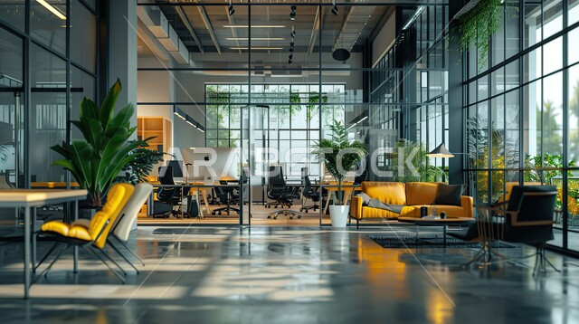 Modern office equipment and elegant and comfortable furniture, a waiting hall in a company, modern design for Saudi offices, huge glass facades in work offices, sophisticated interior designs and decorations in a modern style.