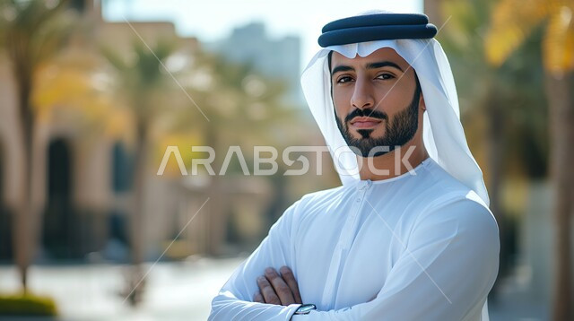 Gestures of confidence and self-esteem, attention to external appearance, a close-up photo of a smiling Saudi Gulf Arab man wearing the shemagh and the traditional Saudi thobe, looking at the camera with expressions of pleasure, the concept of elegance and masculinity, standing with clasped hands