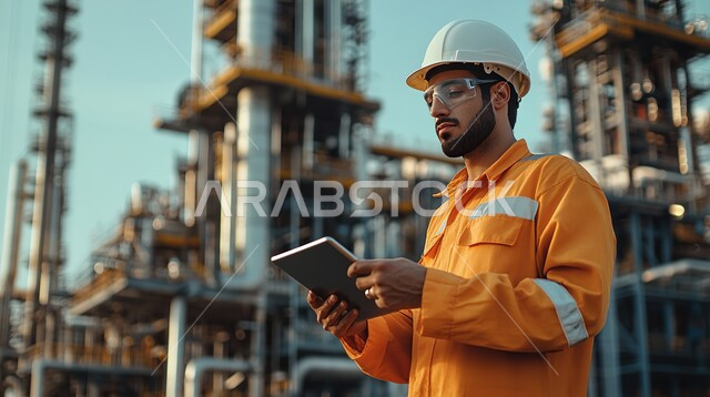Quality of oil production plants and equipment, Use of modern techniques and technology in gas production in Saudi Arabia, Close-up of a Gulf Arab man wearing a helmet and a protective jacket holding a tablet in his hand and following the progress of the factory, Youth professions and jobs, Oil refinery background