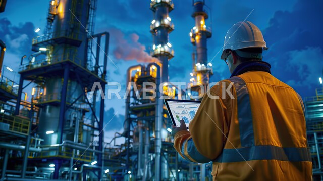 جودة معامل ومعدات إنتاج النفط, استخدام التقنيات والتكنولوجيا الحديثة في إنتاجية الغاز في المملكة العربية السعودية, صورة مقربه من الخلف لرجل عربي خليجي يرتدي الخوذة و سترة الحماية يحمل بيده الجهاز اللوحي و يتابع سير أعمال المصنع، مهن ووظائف شبابيه، خلفية مصفاة البترول