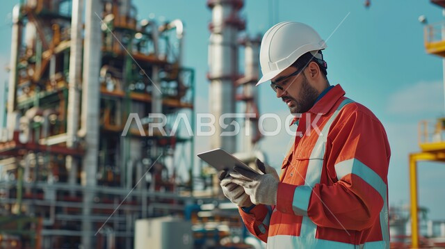 جودة معامل ومعدات إنتاج النفط, استخدام التقنيات والتكنولوجيا الحديثة في إنتاجية الغاز في المملكة العربية السعودية, صورة مقربه من الجانب لرجل عربي خليجي يرتدي الخوذة و سترة الحماية يحمل بيده الجهاز اللوحي و يتابع سير أعمال المصنع، مهن ووظائف شبابيه، خلفية مصفاة البترول