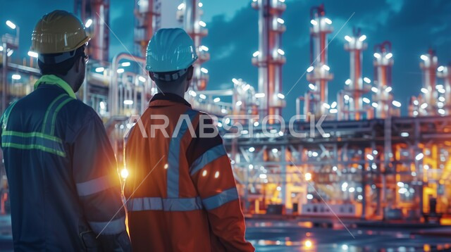 مهن ووظائف شبابيه، استخدام التقنيات والتكنولوجيا الحديثة في إنتاجية الغاز في المملكة العربية السعودية, جودة معامل ومعدات إنتاج النفط, صورة مقربه من الخلف لرجلين عربيين خليجيين يرتديان الخوذة و سترة الحماية  يتابعان سير أعمال المصنع،  خلفية مصفاة البترول