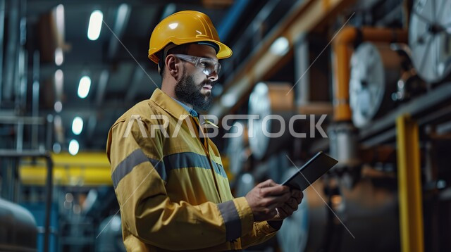 تحقيق الثورة الصناعية وكفاءة الإنتاج و التصنيع, اعتماد الآليات و الذكاء الاصطناعي في الهندسة, تشغيل خط الإنتاج بإستخدام جهاز التابلت, التحول التقني والتكنولوجي الحديث, مهندس عربي سعودي خليجي يرتدي السترة وخوذة الحماية يتابع سير الأعمال