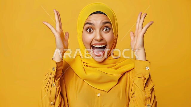 مفهوم الصراخ والغضب، بورتريه مقرب لإمرأة عربية سعودية خليجية محجبة تنظر الى الكاميرا بإيماءات الانفعال الشديد، الشعور بالإنزعاج والقهر، خلفية صفراء