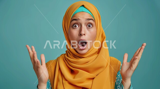 مفهوم الصراخ والغضب، بورتريه مقرب لإمرأة عربية سعودية خليجية محجبة تنظر الى الكاميرا بإيماءات الانفعال الشديد، الشعور بالإنزعاج والقهر، خلفية زرقاء