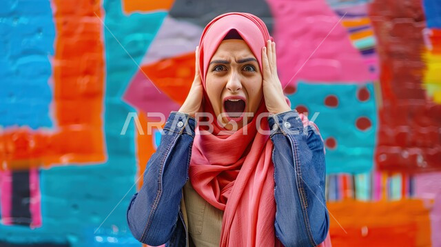 مفهوم الصراخ والغضب، بورتريه مقرب لإمرأة عربية سعودية خليجية محجبة تنظر الى الكاميرا بإيماءات الانفعال الشديد، الشعور بالإنزعاج والقهر، خلفية ملونة