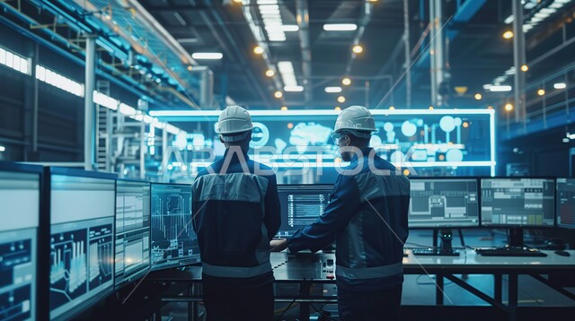 Project drawing with modern techniques, close-up from the back of two Saudi Arabian Gulf engineers wearing safety helmets using engineering tools and equipment and working on a computer. Saudi office jobs and professions, integrating work with technology and technology, engineering design plan background