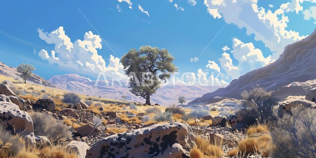 منظر السماء المليئة بالغيوم فوق المرتفعات الصخرية والقمم الجبلية، نمو النباتات الشوكية في المناخ الصحراوي الجاف والقاسي، المناطق الصحراوية في المملكة العربية السعودية، المناظر الطبيعية في الصحاري والبراري