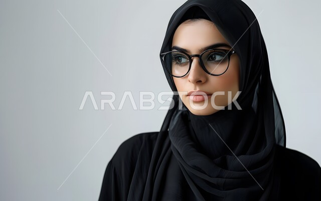 التمعن والتركيز والتخطيط للمستقبل، مفهوم الأنوثة والاهتمام بالمظهر الخارجي، بورتريه مقرب لامرأة عربية خليجية سعودية محجبة ترتدي العباءة السوداء و النظارات الطبية تنظر الى شيء ما بايماءات التفكير، محاولة إيجاد الحلول للمشاكل، خلفية بيضاء