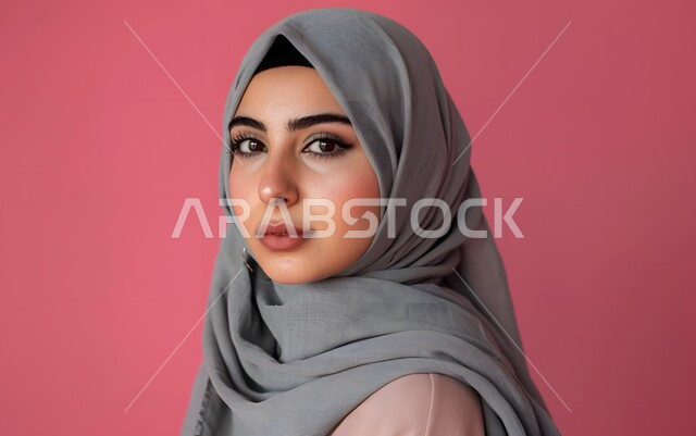 التمعن والتركيز والتخطيط للمستقبل، مفهوم الأنوثة والاهتمام بالمظهر الخارجي، بورتريه مقرب لامرأة عربية خليجية سعودية محجبة ترتدي العباءة الوردية تنظر الى الكاميرا باستقامة، خلفية وردية