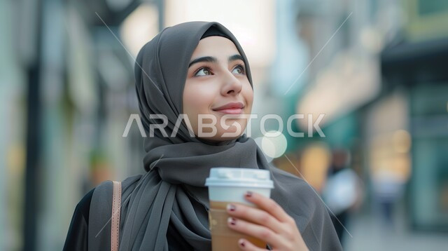 إيماءات التأمل والتمعن, امرأة سعودية تنظر إلى شيء ما بتعابير الاندماج و الحيرة , بورتريه لإمرأة عربية سعودية خليجية محجبة تمسك بيدها كوب من القهوة, شرود الذهن في موضوع معين، إيجاد الحلول لمشكلة ما