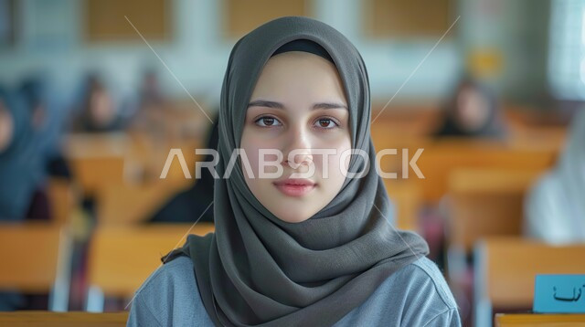 إيماءات الهدوء والجدية، التأمل والنظر إلى الكاميرا، صورة مقربة لإمرأة عربية سعودية خليجية محجبة، بيئه مدرسيه تعليميه متطوره، الحرص على التفوق والنجاح، الاهتمام بالأناقة والمظهر الخارجي