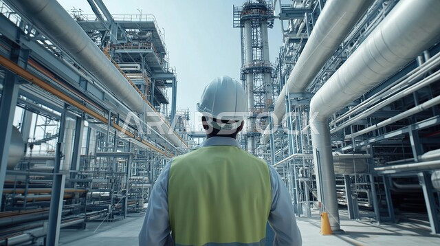 متابعة ومراقبة عمليات الانتاج وسير عمل الآلات، وظائف ومهن هندسية شبابية، العمل في مصانع ومعامل المملكة العربية السعودية، صورة مقربة من الخلف لمهندس صناعي عربي خليجي سعودي يرتدي السترة وخوذة الحماية داخل المصنع