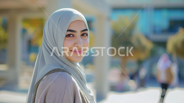 إيماءات السرور والاطمئنان برؤية الأشياء السارة، التأمل والنظر إلى الكاميرا، صورة مقربة لإمرأة عربية سعودية خليجية محجبة، مفهوم الأنوثة والنعومة، الاهتمام بالجمال والأناقة والمظهر الخارجي