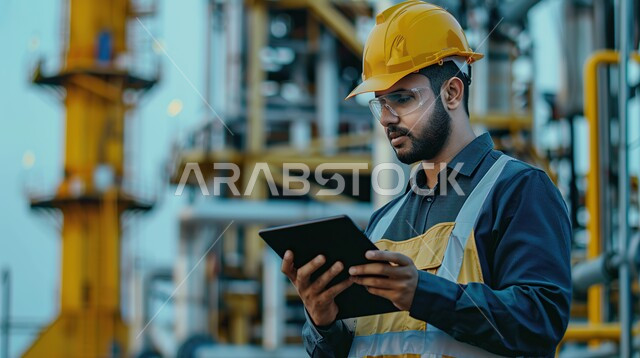 Monitoring the work of laboratory machines and equipment and controlling them using technology, a close-up image of a Saudi Arabian Gulf engineer wearing a protective jacket, helmet and goggles holding a tablet in his hand, modern technical development and transformation, youth professions and jobs