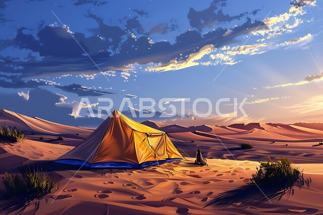 خيمة تقليدية على الرمال الذهبية الناعمة في الصحراء، منظر السماء المليئة بالغيوم، مخيمات سياحية في صحاري المملكة العربية السعودية, الجلسات الشعبية الهادئة, أجواء شتوية وتخييم في المناطق الصحراوية, مناطق المغامرات الشبابية ورحلات السفاري الممتعة