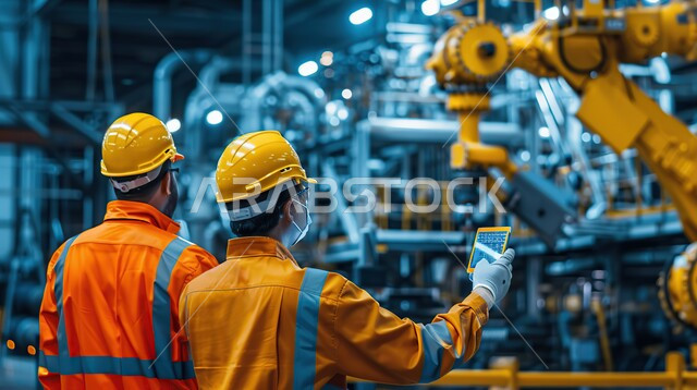 مهن ووظائف شبابيه، استخدام التقنيات والتكنولوجيا الحديثة في إنتاجية الغاز في المملكة العربية السعودية, جودة معامل ومعدات إنتاج النفط, صورة مقربه من الخلف لرجلين عربيين خليجيين يرتديان الخوذة و سترة الحماية يتابعان سير أعمال المصنع