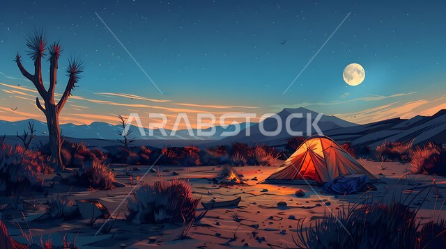 المغامرات والكشتات البرية، أجواء التخييم الشبابية الممتعه، خيمة شعبية مضيئة بالمصابيح في المناطق الصحراوية، الطبيعة والرمال الذهبية الناعمة، أجواء ليلية هادئة, مخيمات سياحية في صحاري المملكة العربية السعودية