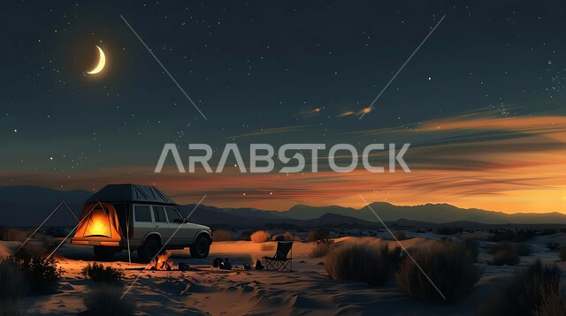 المغامرات والكشتات البرية، أجواء التخييم الشبابية الممتعه، خيمة شعبية مضيئة بالمصابيح في المناطق الصحراوية، الطبيعة والرمال الذهبية الناعمة، أجواء ليلية هادئة, مخيمات سياحية في صحاري المملكة العربية السعودية